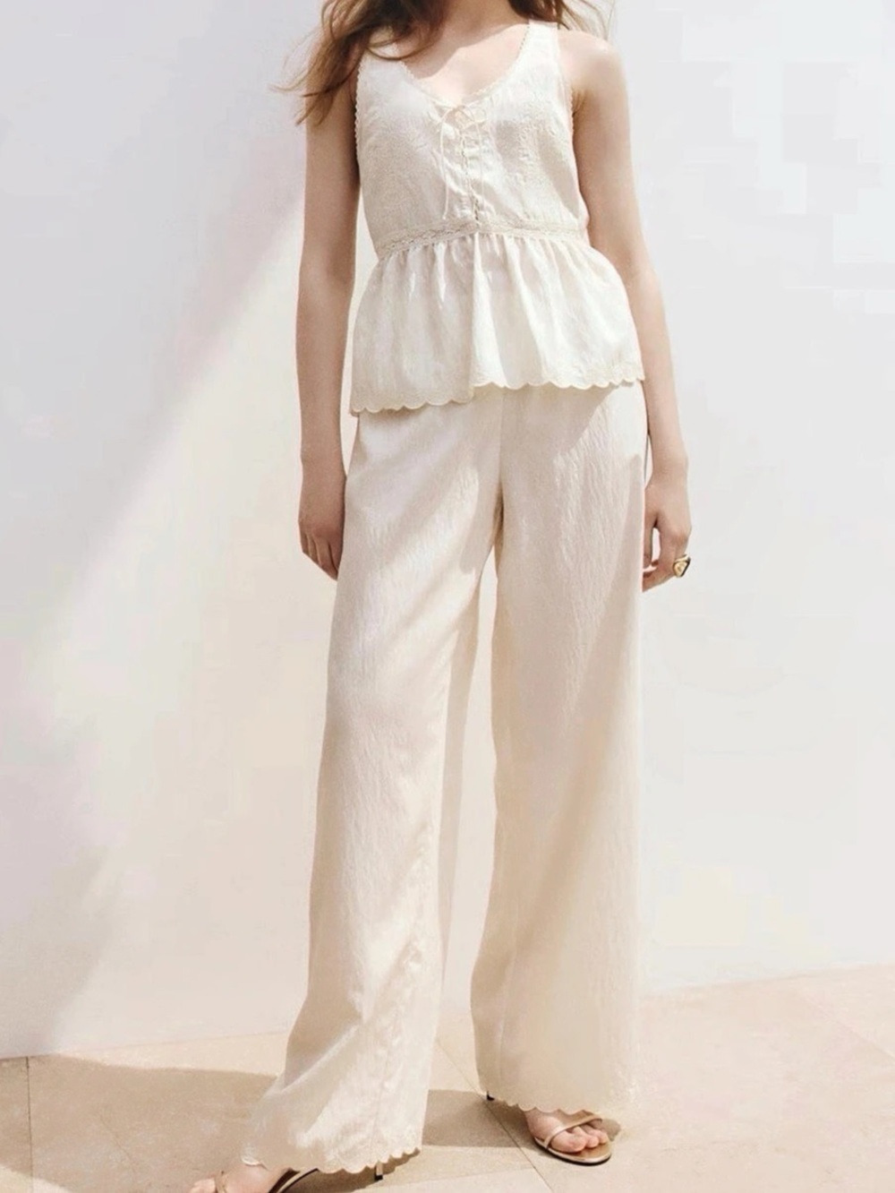 H&M Divided Embroidered Wide Leg Tank Top Set in Cream XXL NWT